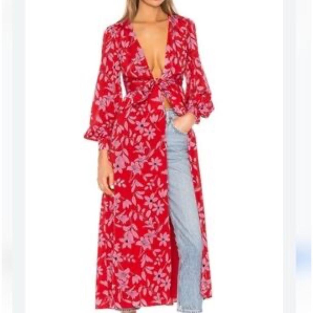 Camila Coelho Leonora Boho Long Sleeve Red Dress with Pink Florals Size XL